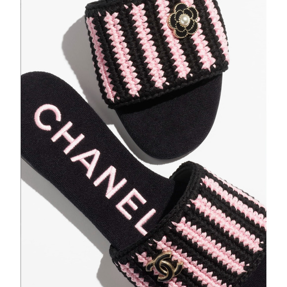 Chanel 24M Black Pink Crochet Stripe Camellia Flower Logo Mule Slide Sandal 39 - Picture 14 of 16
